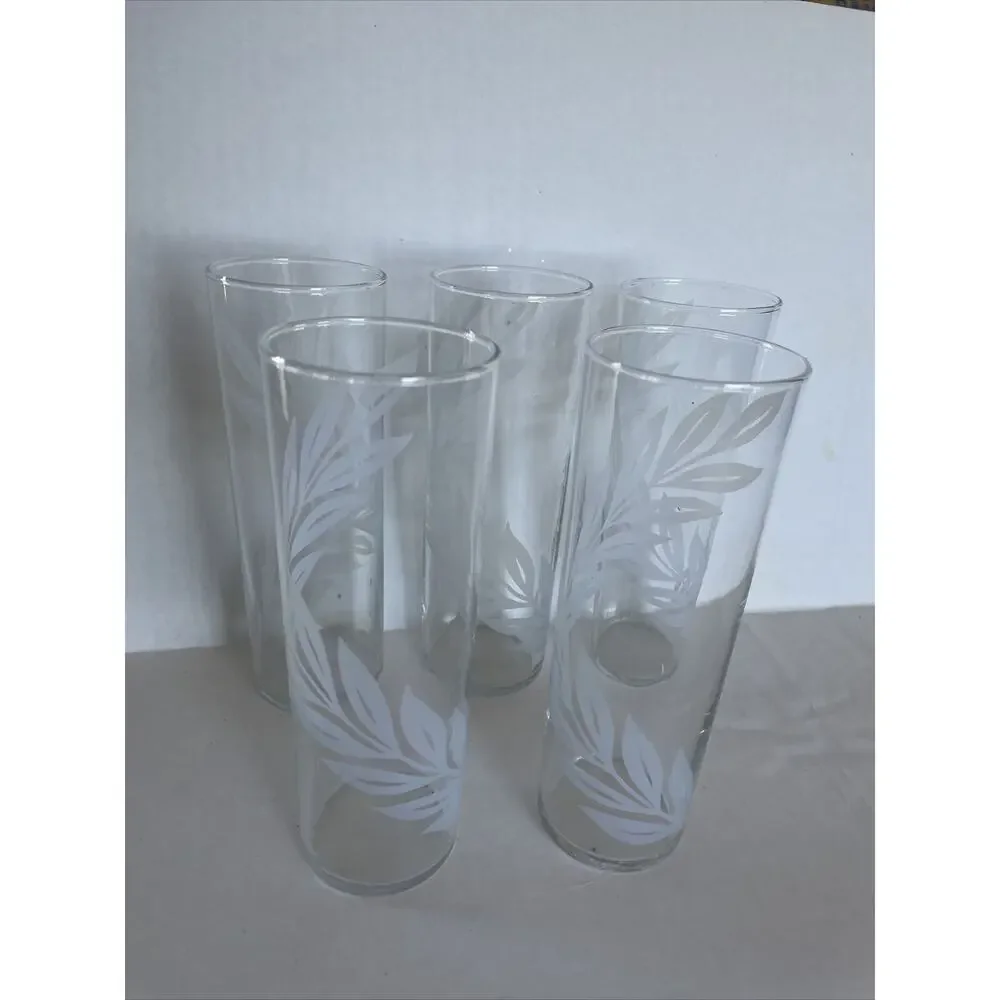 Vintage Libbey Tom Collins Glasses (set of 5) Frosted Laurel Leaf Pattern.crchcb